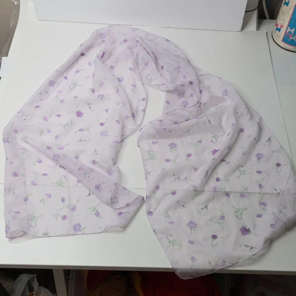 Vintage Sheer Lavender Floral Scarf Purple Flower Print Lightweight Wrap 60in